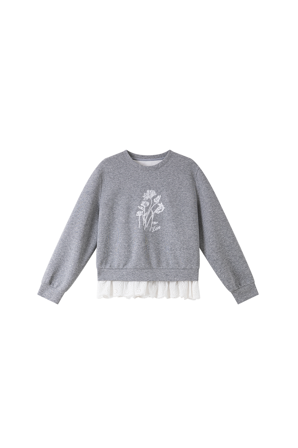 Lace Trim Fake Two-Piece Round Neck Sweatshirt-VIMLYSTORE