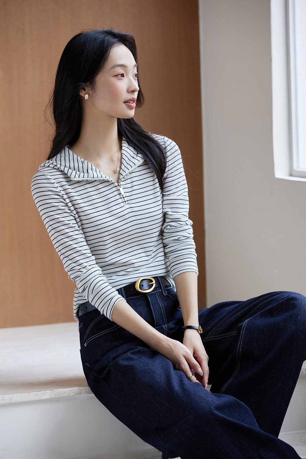 Striped Long Sleeve Hooded Slimming Zipper T-Shirt-VIMLYSTORE