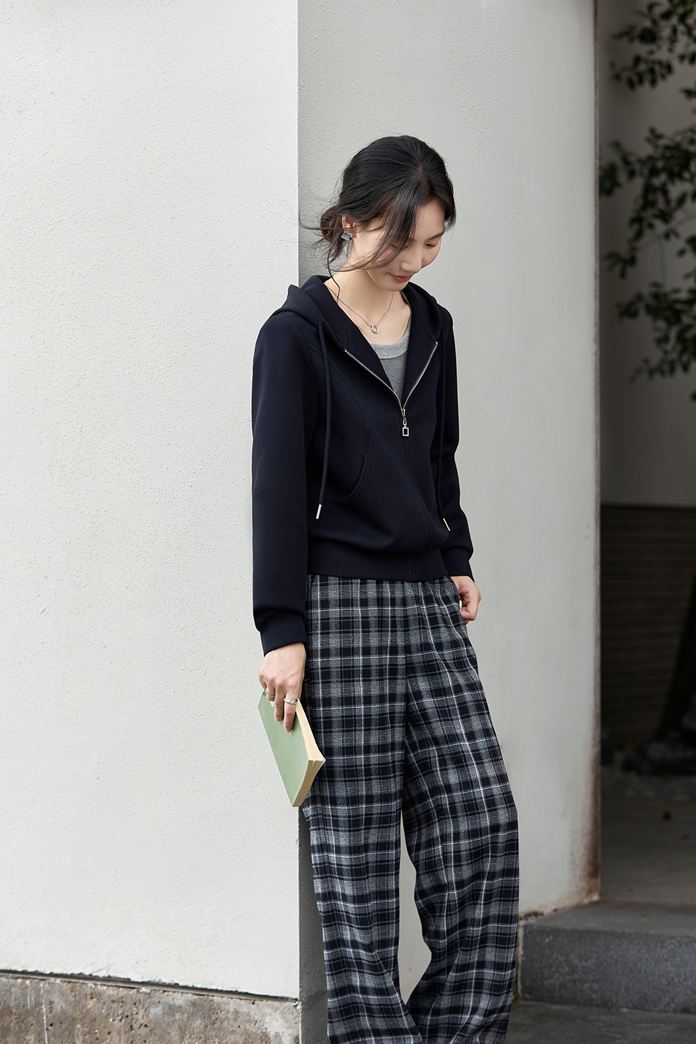 Hooded Zipper Jacket Plaid Pants Set-VIMLYSTORE