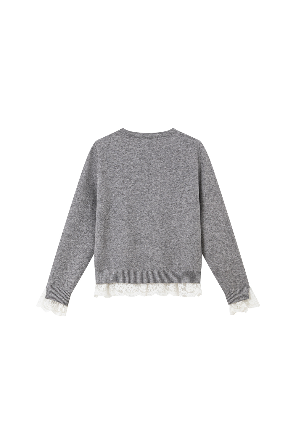 Grey Lace-Trimmed Crewneck Knit Top