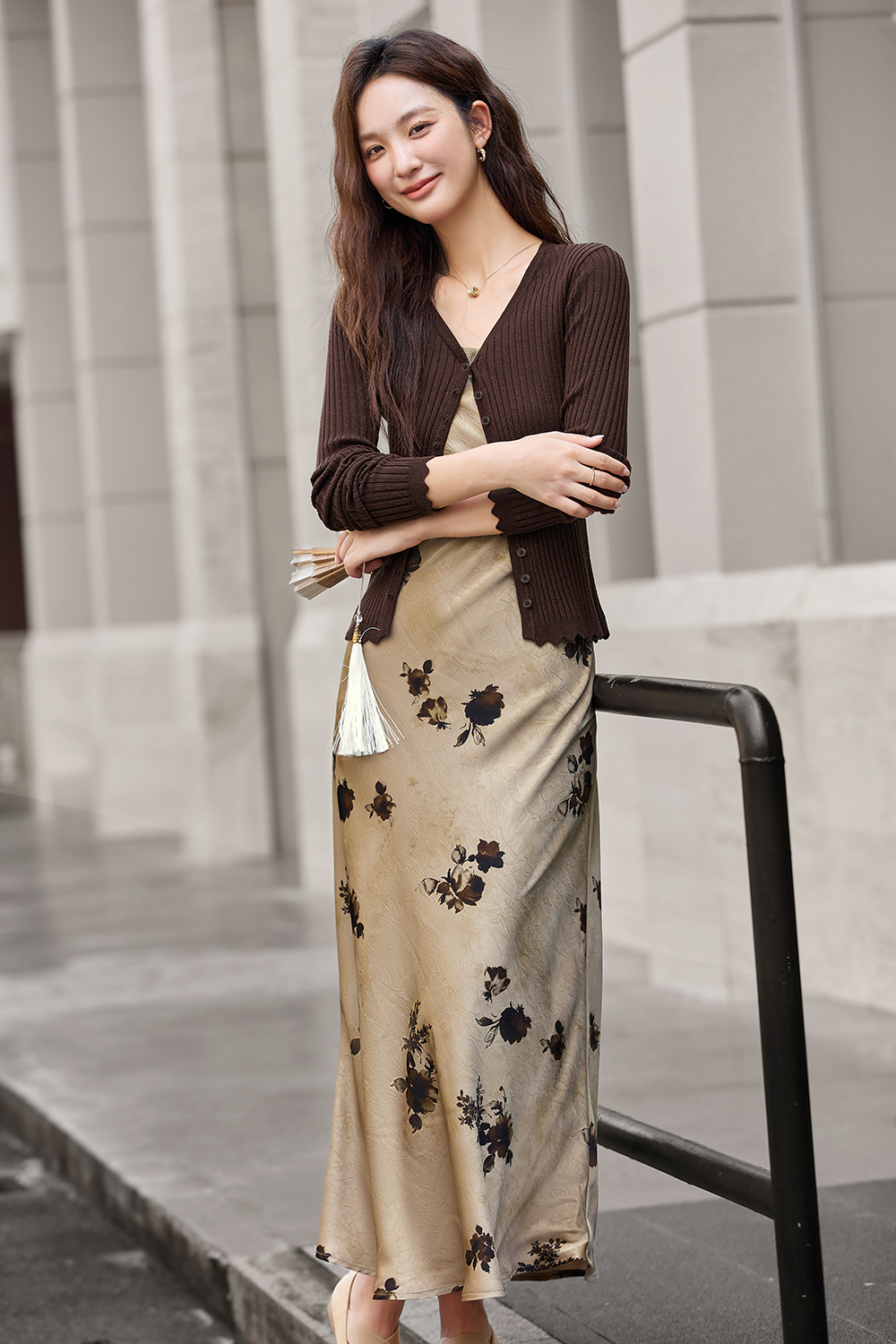 Purple slim knit cardigan printed skirt with suspenders-VIMLYSTORE