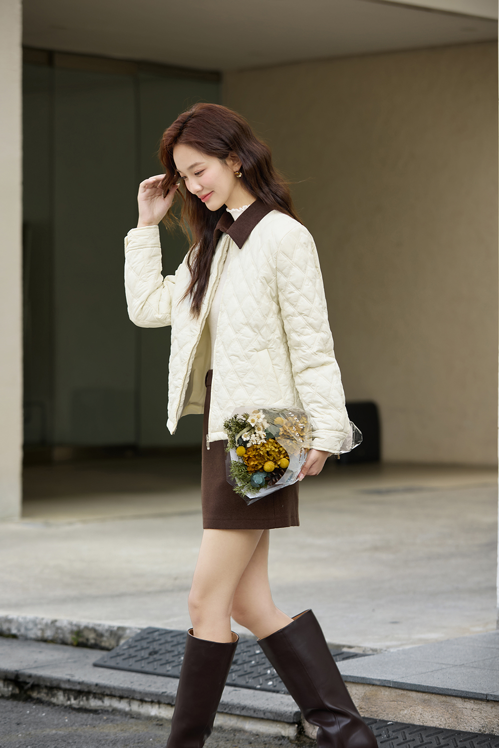 Color-Block Lapel Argyle Puffer Jacket