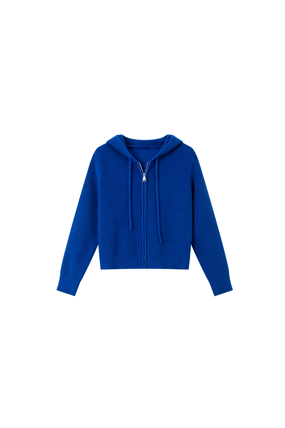 Blue Hooded Zippered Knitted Cardigan