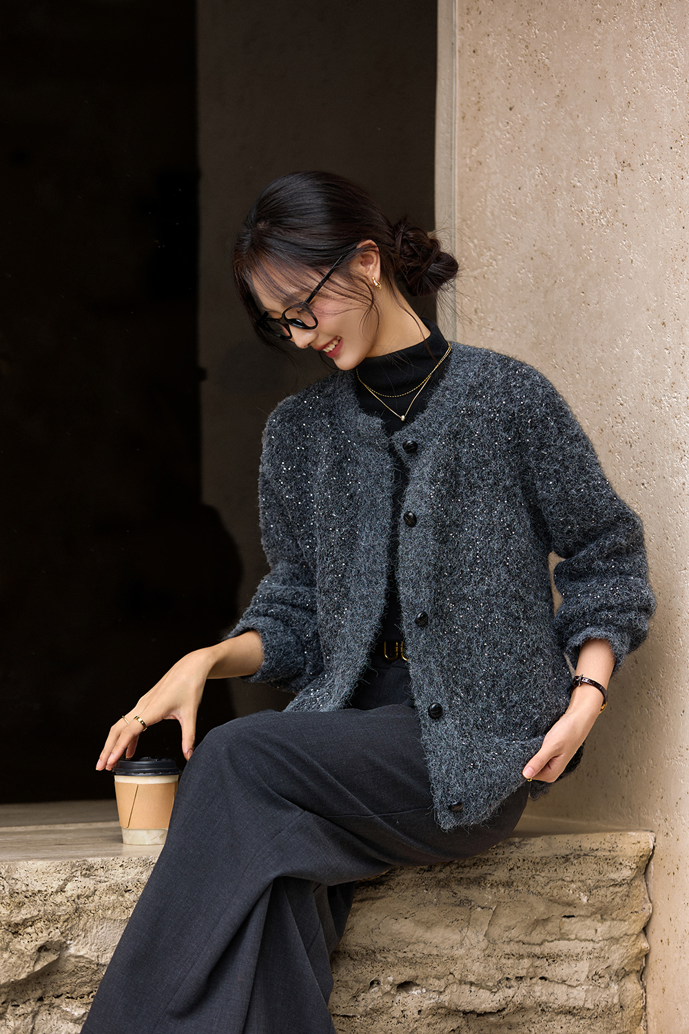 Coffee-Colored Crew Neck Sequin Sweater