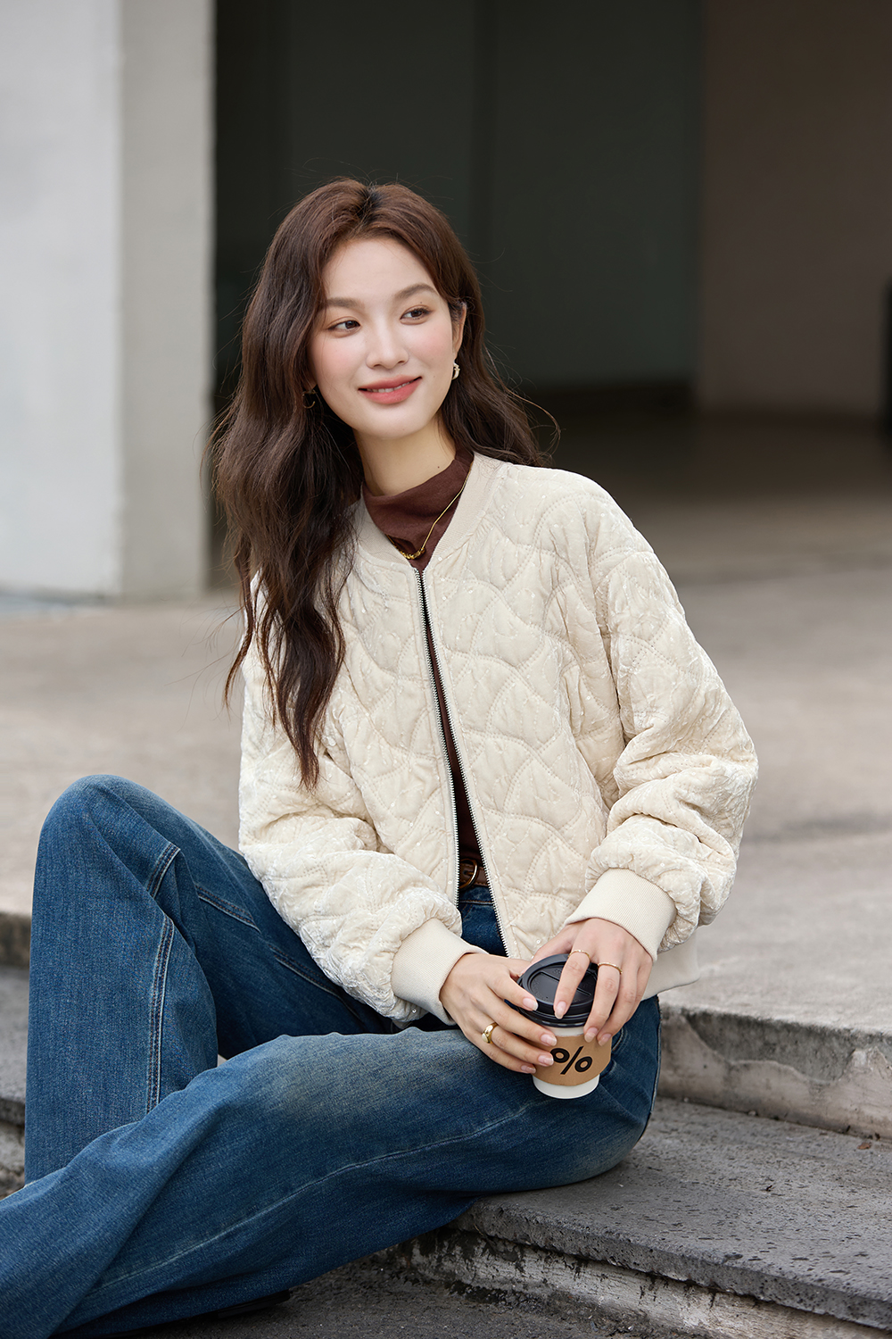 Apricot Argyle Velvet Varsity Cotton-Padded Jacket