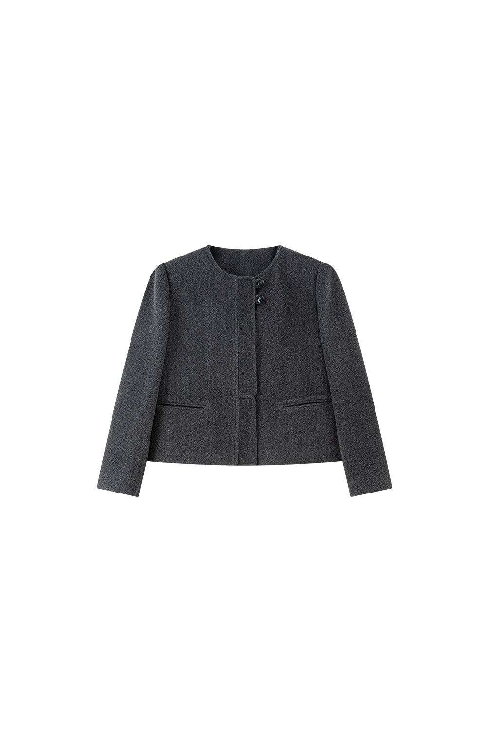 Grey French-Style Crewneck Wool Blend Coat