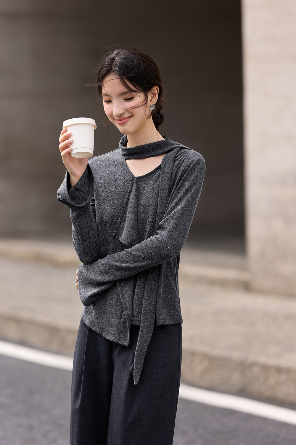 Asymmetric Ruffled Streamer Long-Sleeve T-Shirt