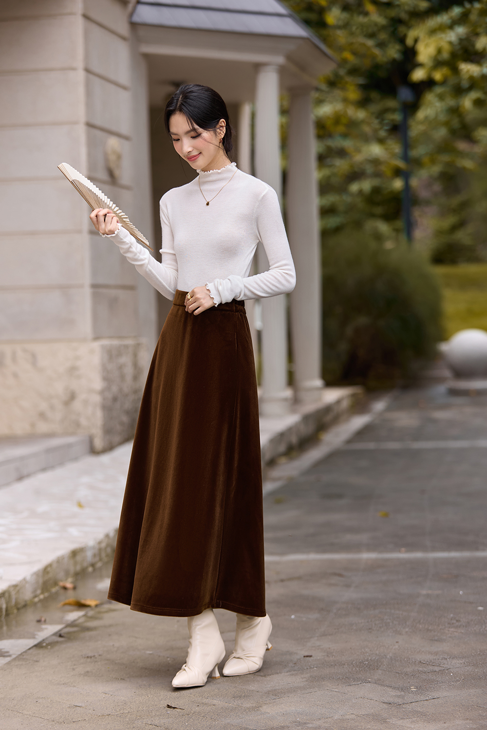 Brown French-Style Knitted Velvet Midi Skirt
