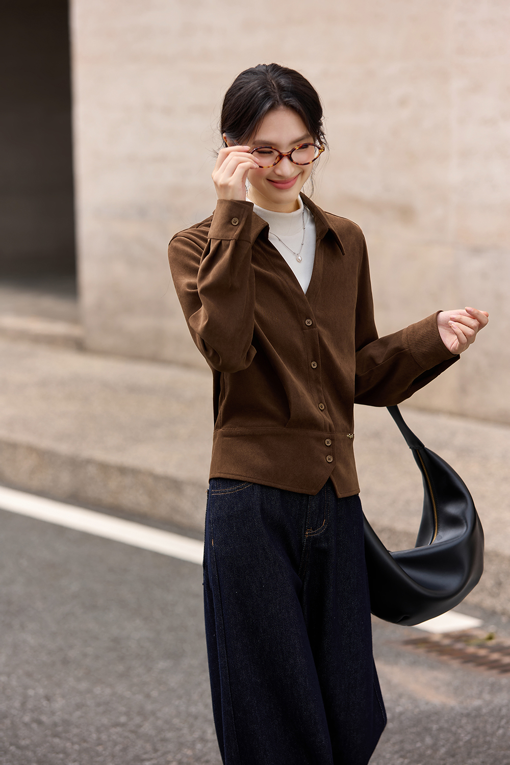 Apricot-Coffee Layered-Look Stand-Collar Shirt