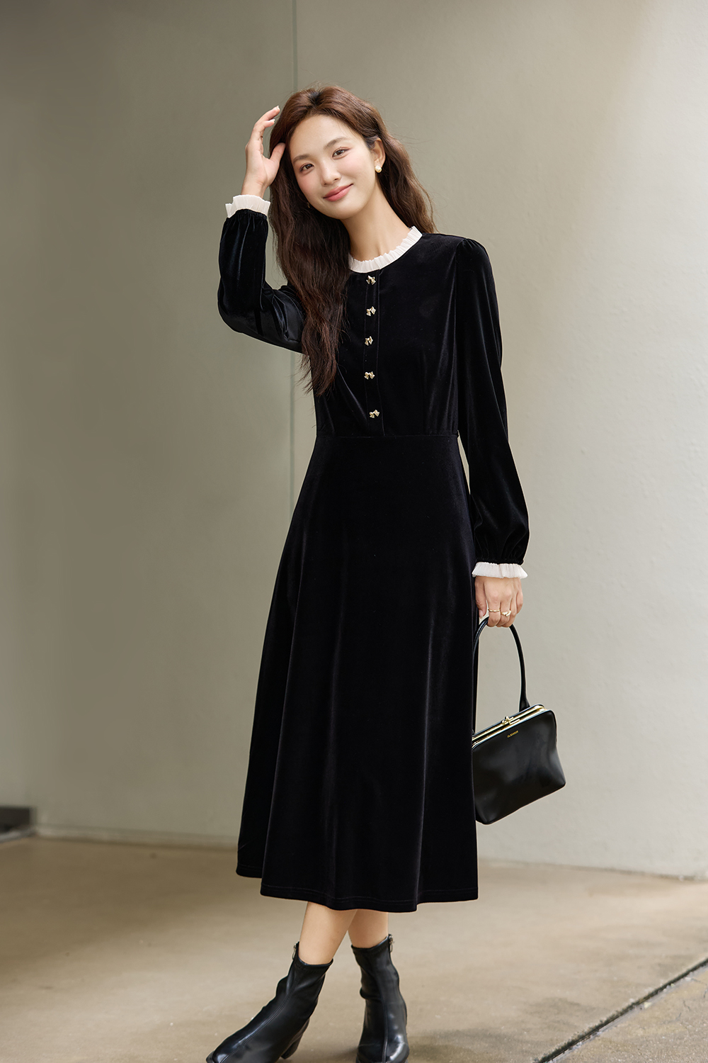 French-Style Velvet A-Line Dress