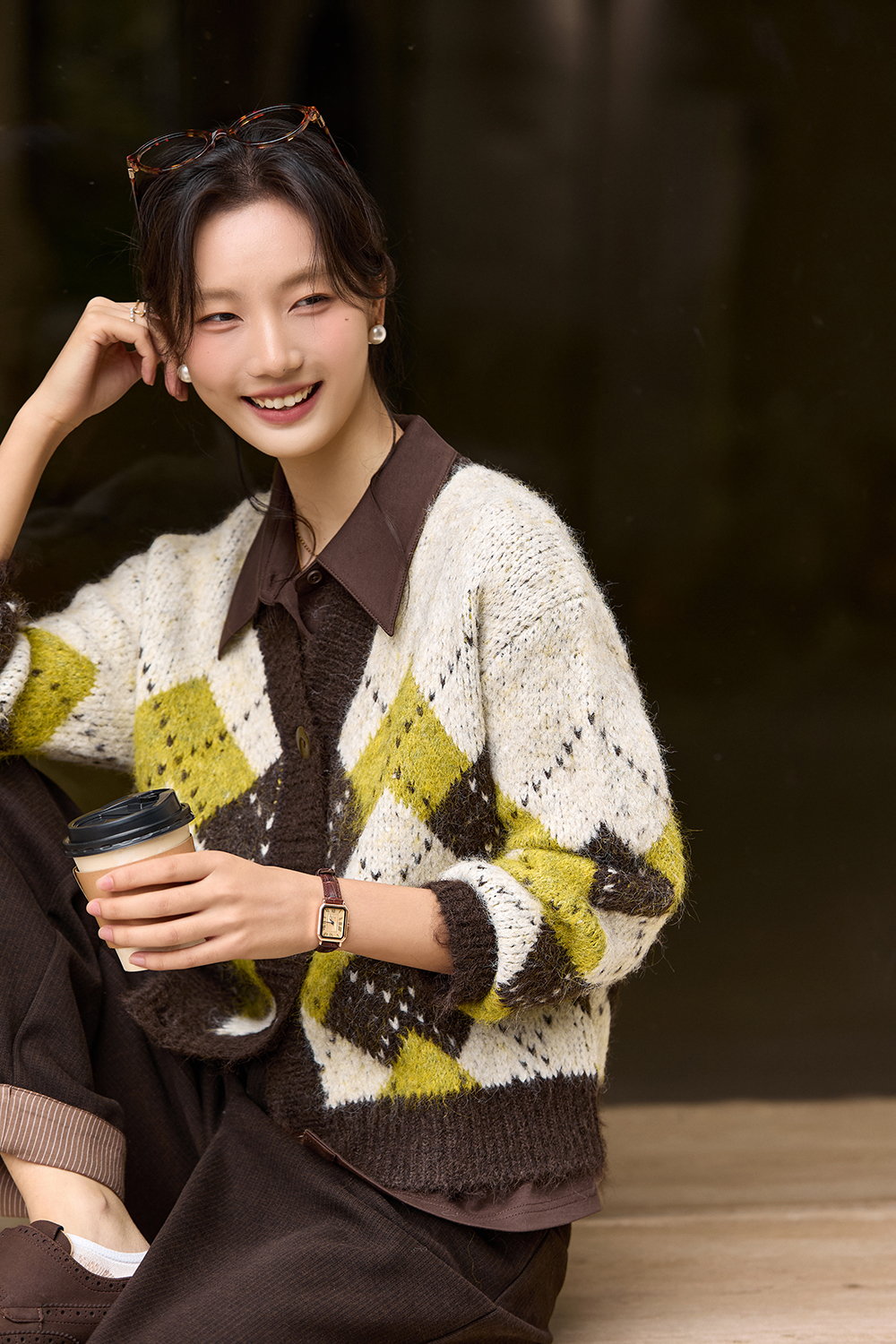 Vintage Diamond-Pattern Cardigan