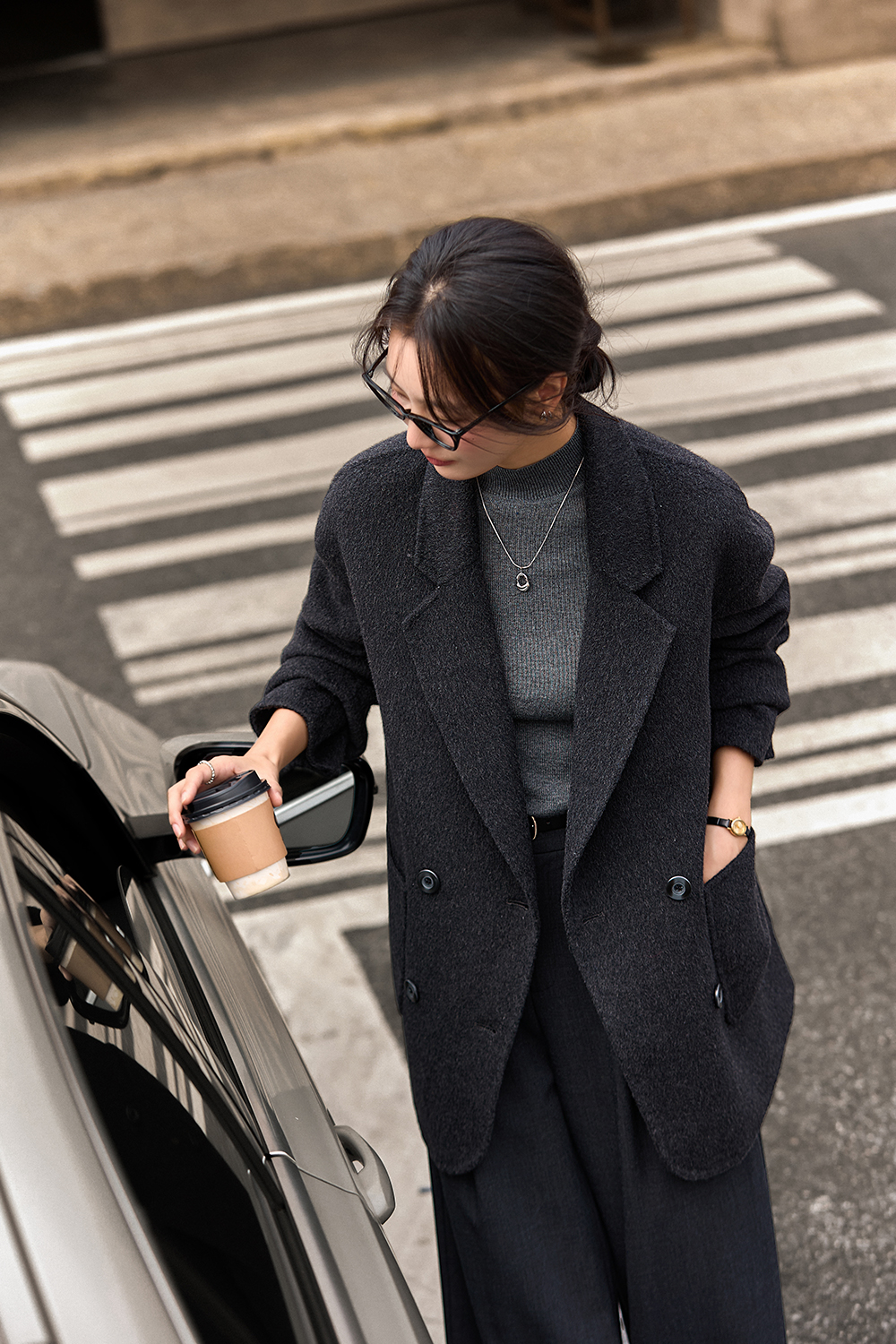 Grey plaid woolen suit jacket