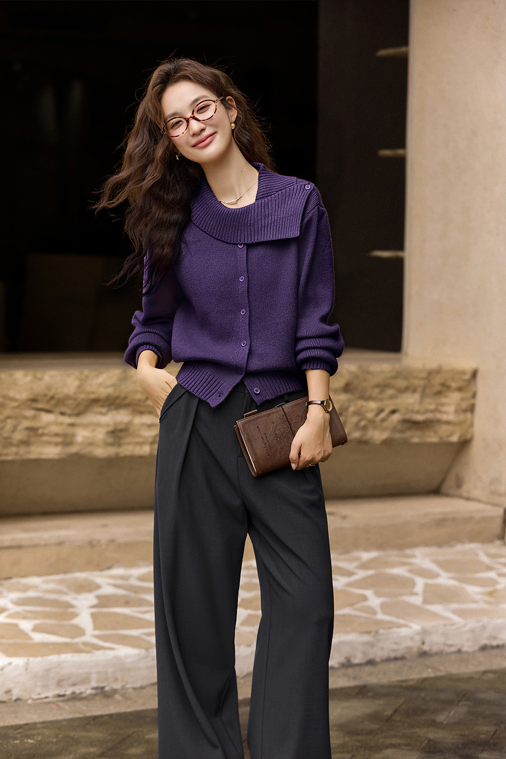 Designer asymmetric lapel knitted sweater