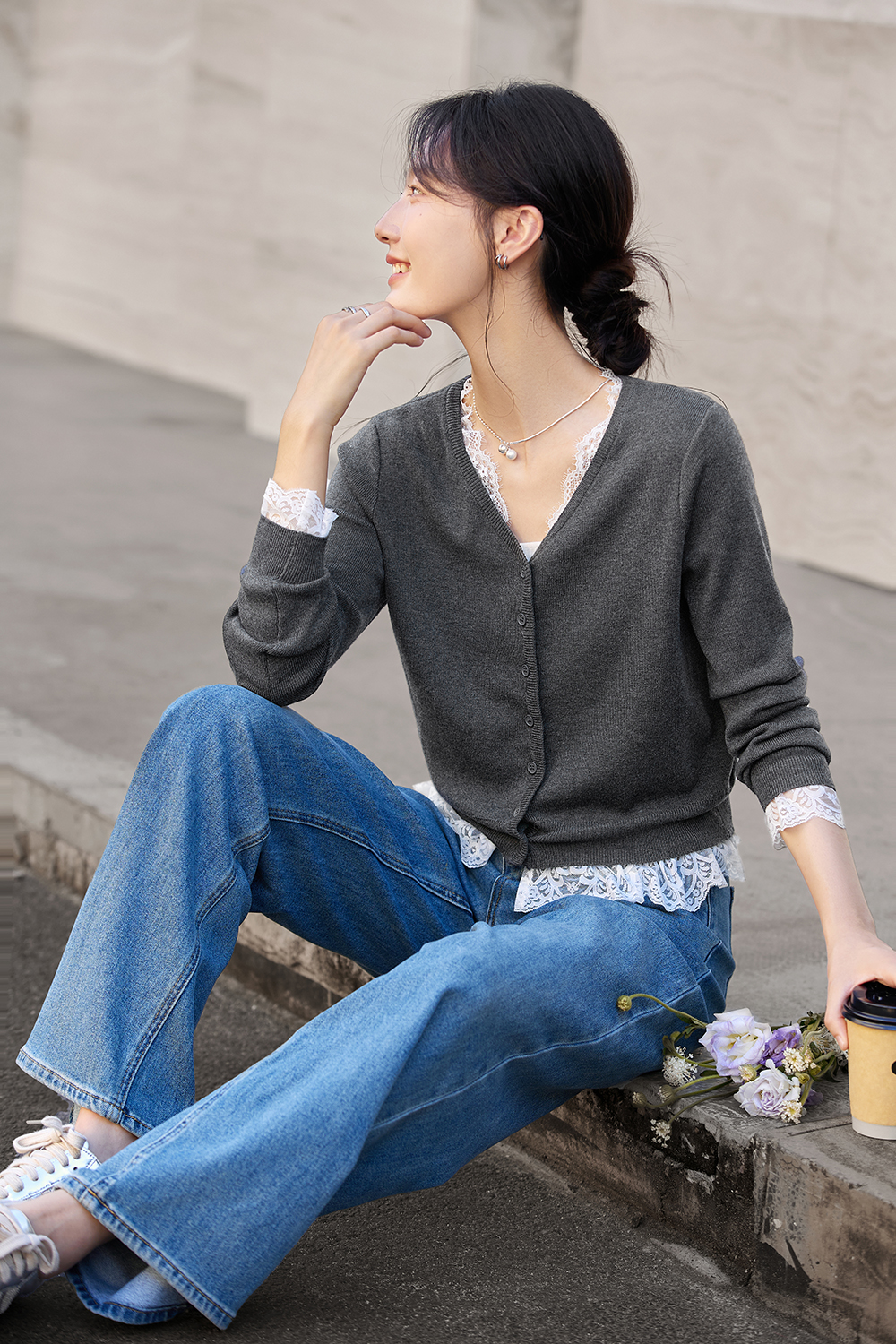 Lace-Paneled V-Neck Cardigan Wrap-VIMLYSTORE