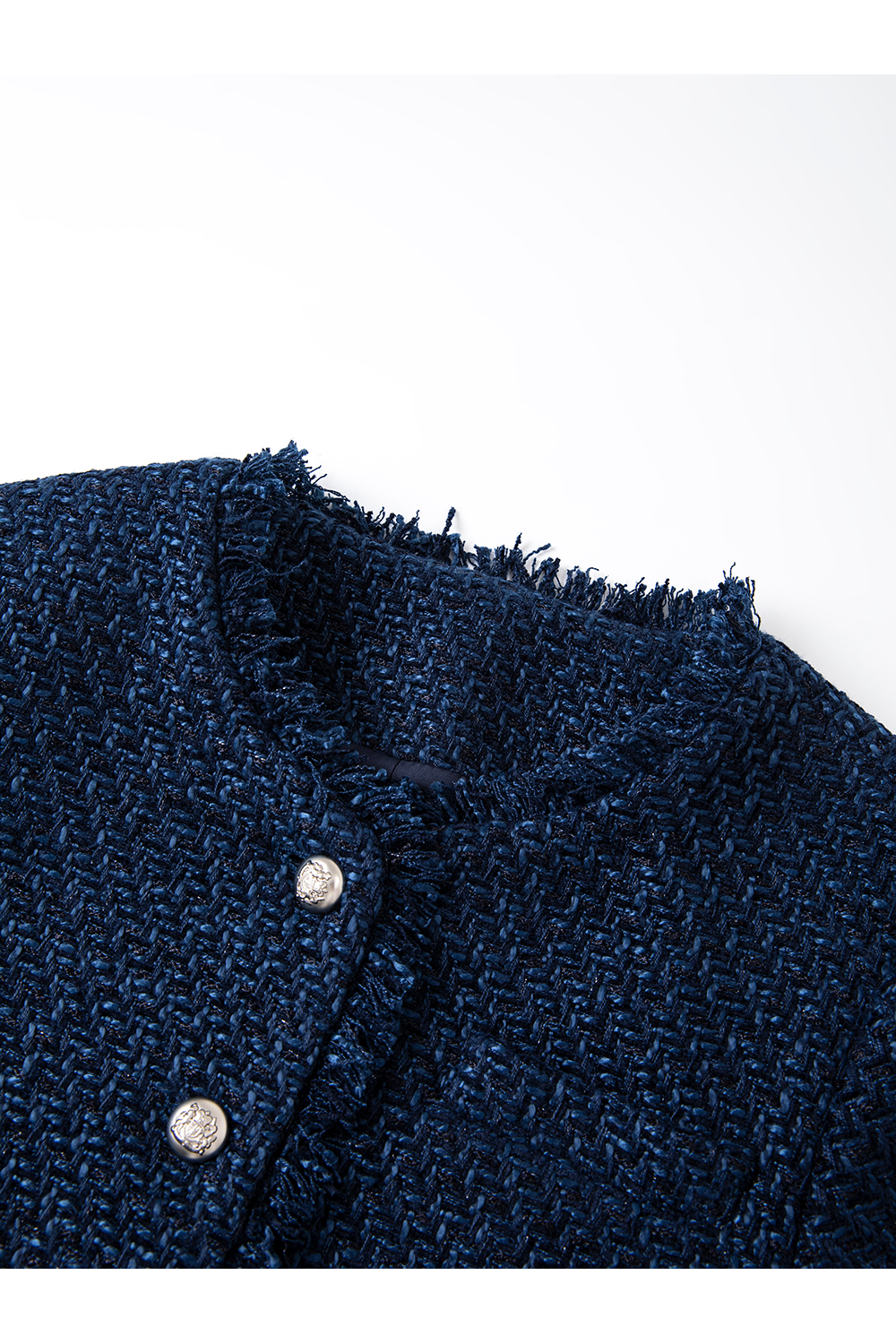 Navy Short Raw Edge Design Round Neck CN style Jacket-VIMLYSTORE