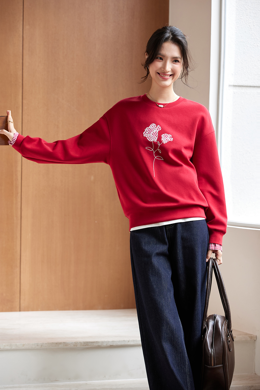 Elegant Round Neck Rose Embroidered Long Sleeve Sweatshirt-VIMLYSTORE