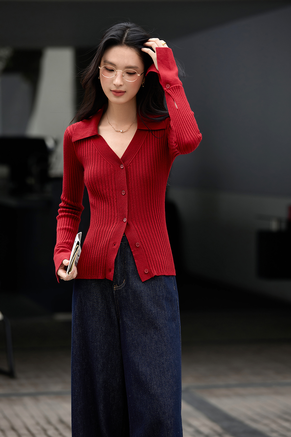 Minimalist Slimming Fitted Ribbed Fold-Over V-Neck Knit Cardigan-VIMLYSTORE