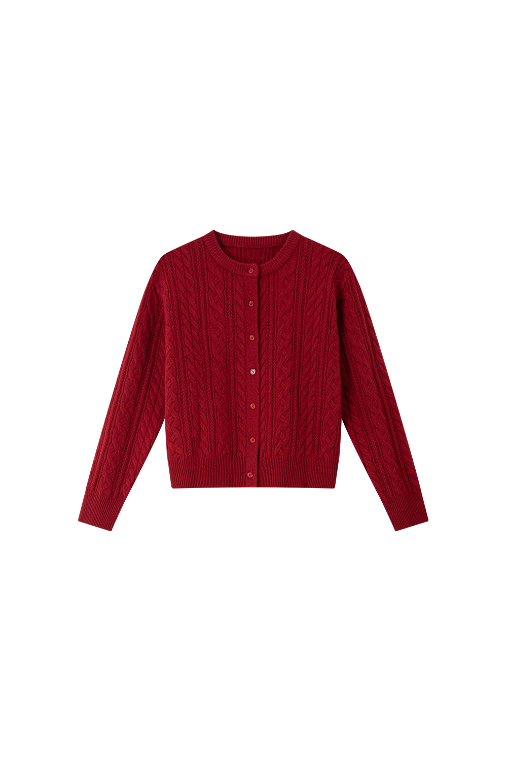 Red Cable-Knit Loose Wool Blend Round Neck Knit Sweater-VIMLYSTORE