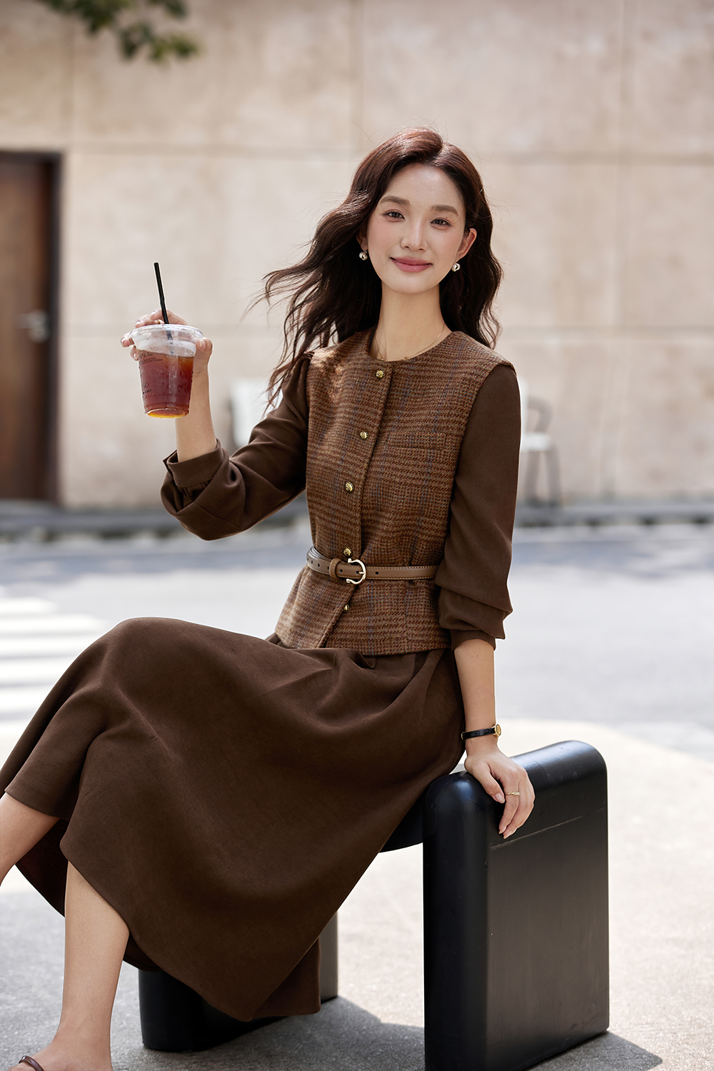 Brown Elegant Round Neck Vest with Long Dress Set-VIMLYSTORE