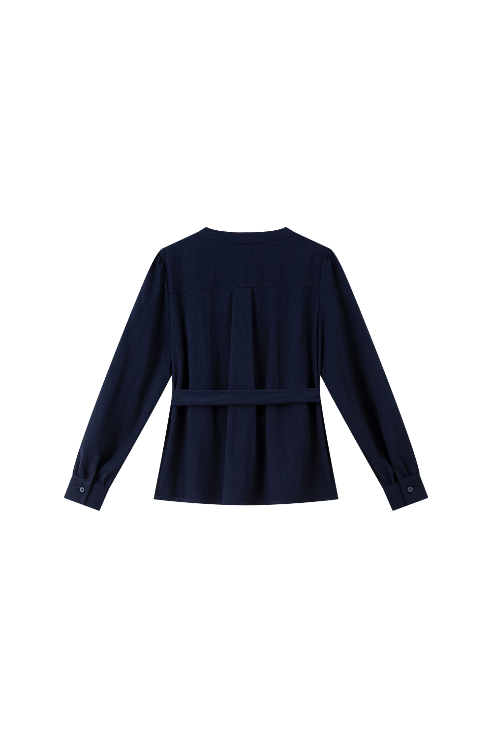Navy Blue Korean-Style Puff Sleeve Waist-Defining Slimming Round Neck Blouse-VIMLYSTORE