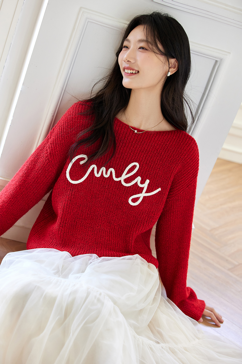 Letter Embroidered Round Neck Knit Sweater Loose Sweater-VIMLYSTORE