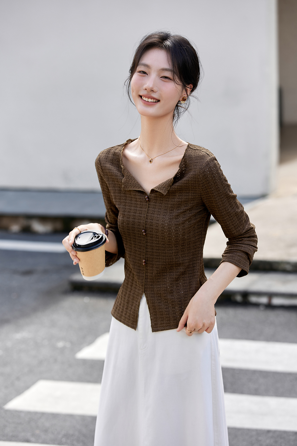 Textured Wrinkle Slim-Fit Slimming V-Neck Long Sleeve T-Shirt-VIMLYSTORE