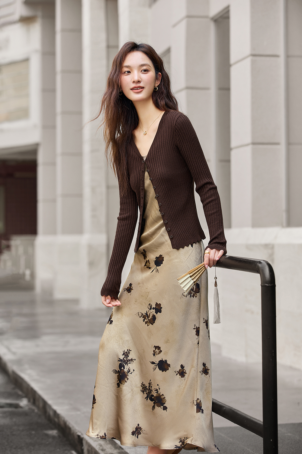 Purple slim knit cardigan printed skirt with suspenders-VIMLYSTORE