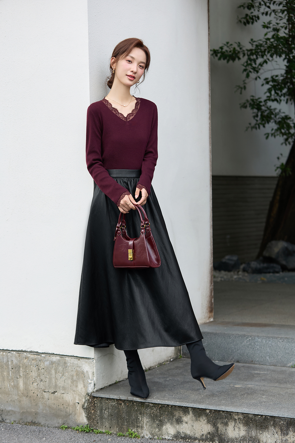 French Leather Midi Skirt