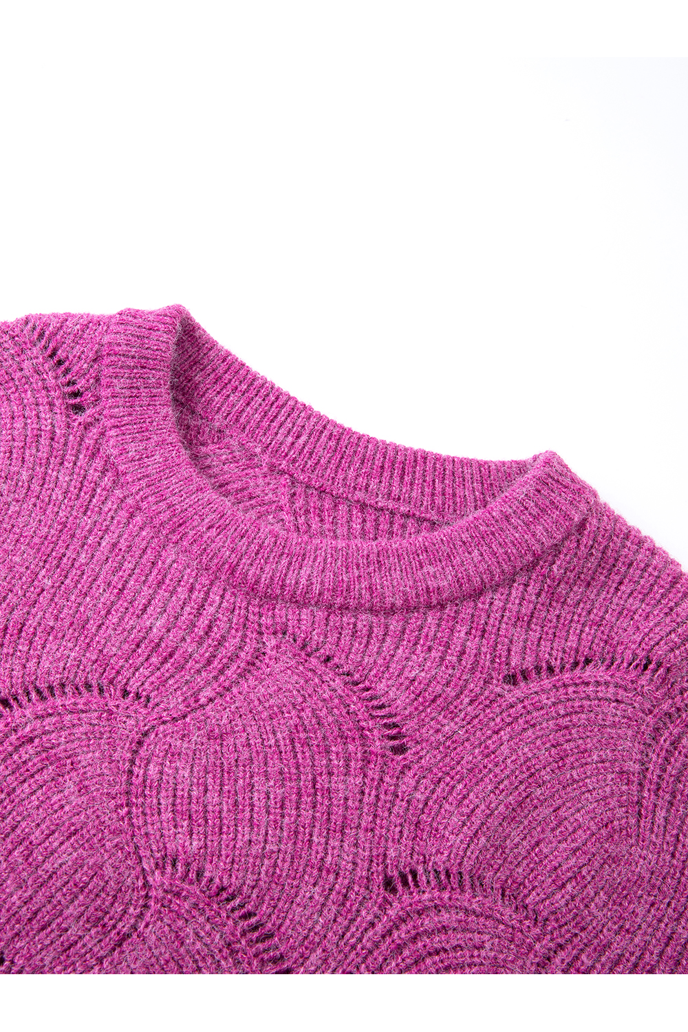 Fuchsia Openwork Pattern Crewneck Sweater