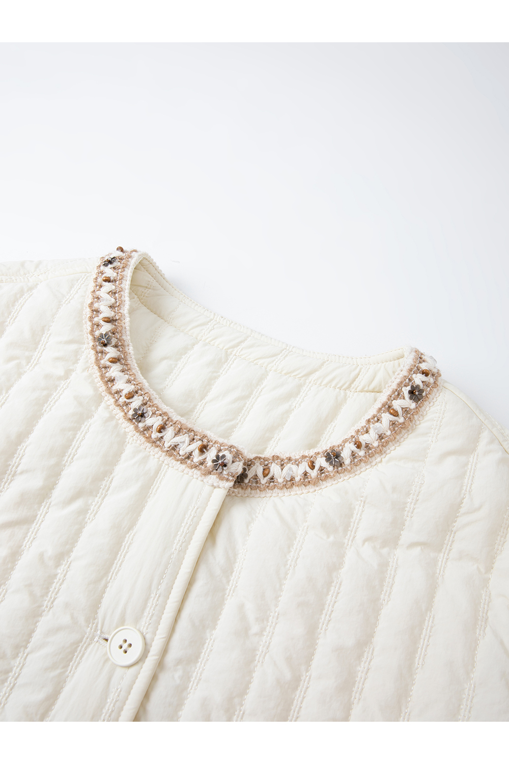 Apricot Ribbon Crew Neck Cotton Padded Jacket