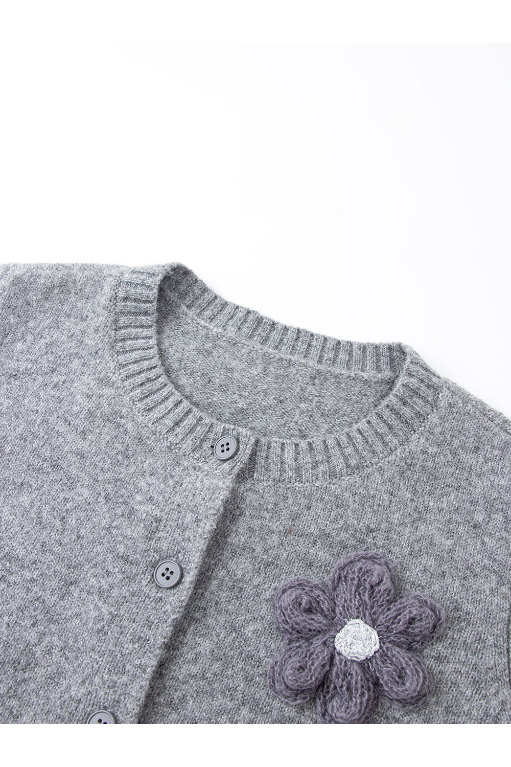 Gray 3D Flower Crew Neck Knitted Cardigan