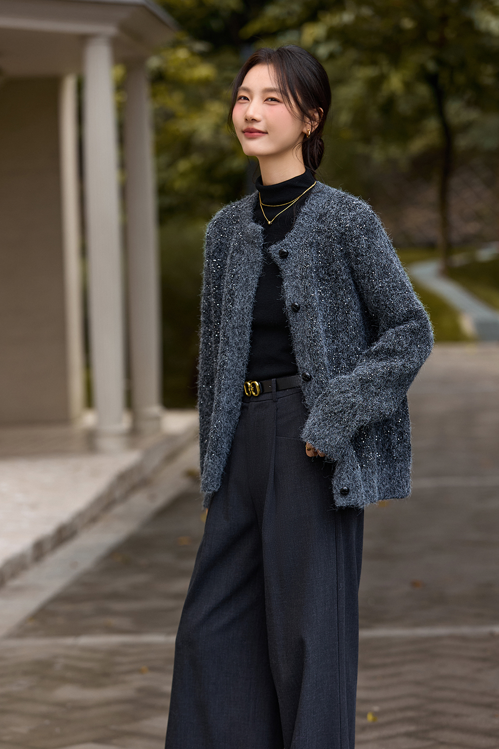 Coffee-Colored Crew Neck Sequin Sweater