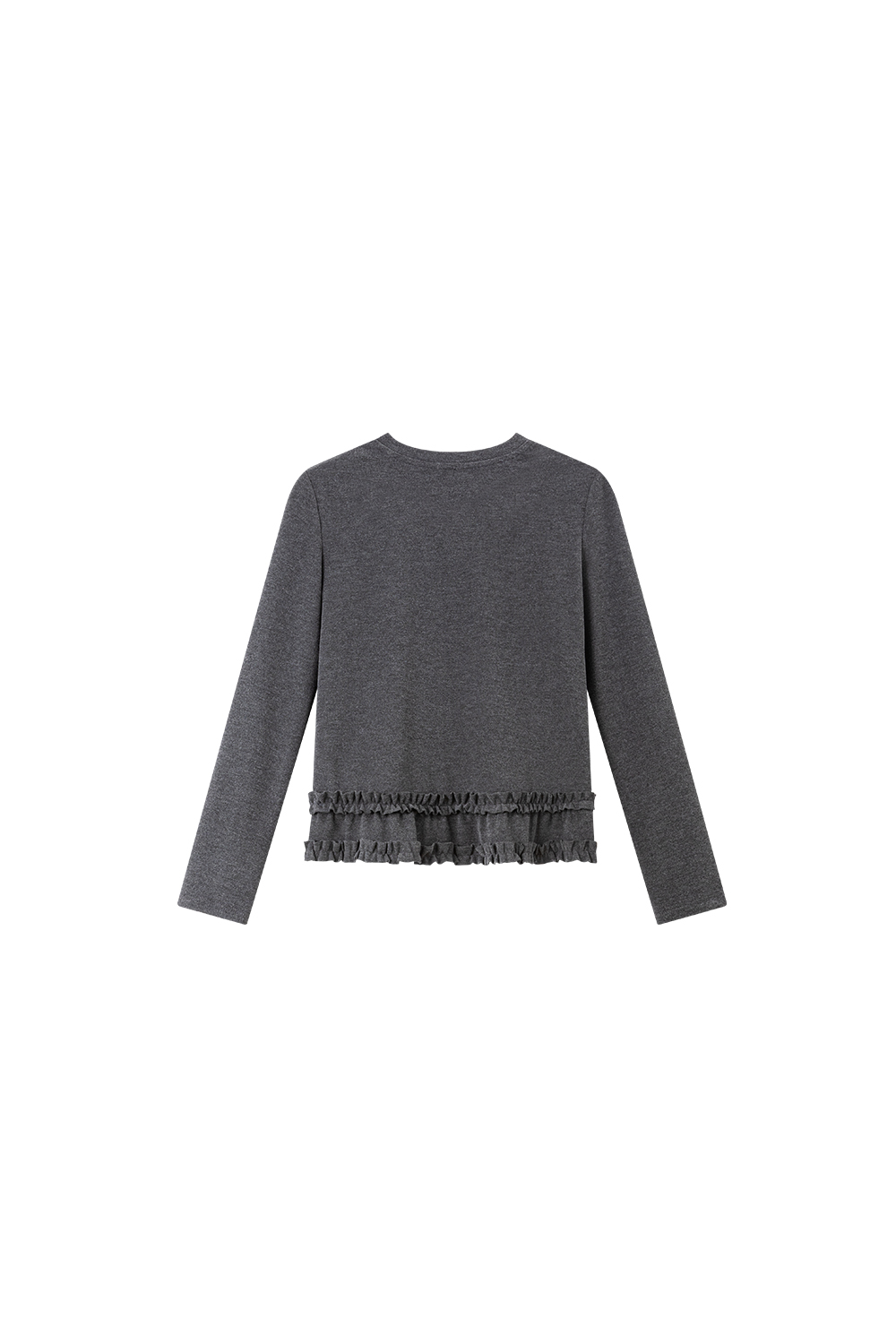 Grey Double-Layer Ruffled Trim Brushed T-Shirt