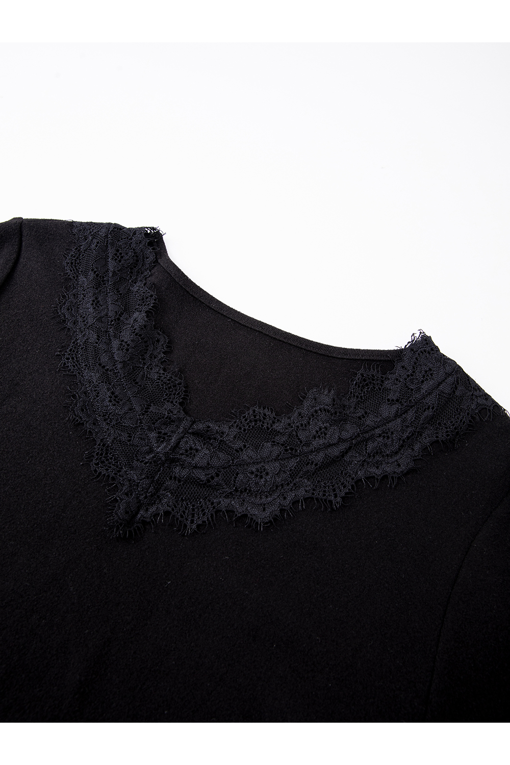 Black Ruffled Lace V-Neck Long-Sleeve T-Shirt