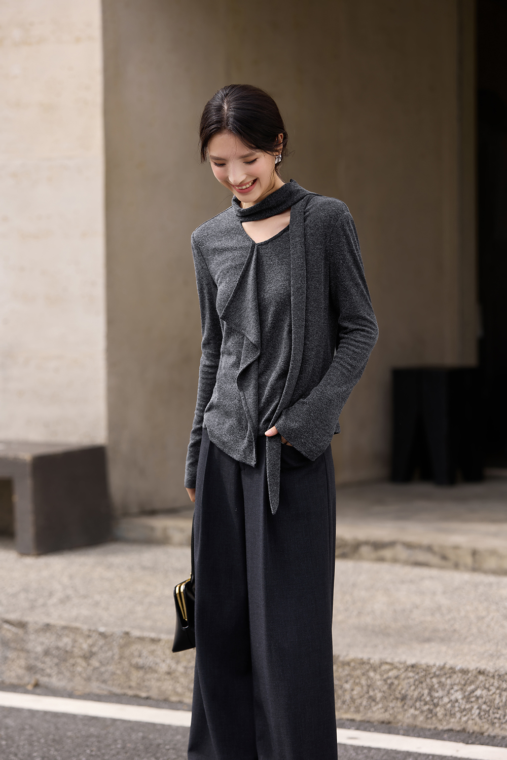 Asymmetric Ruffled Streamer Long-Sleeve T-Shirt