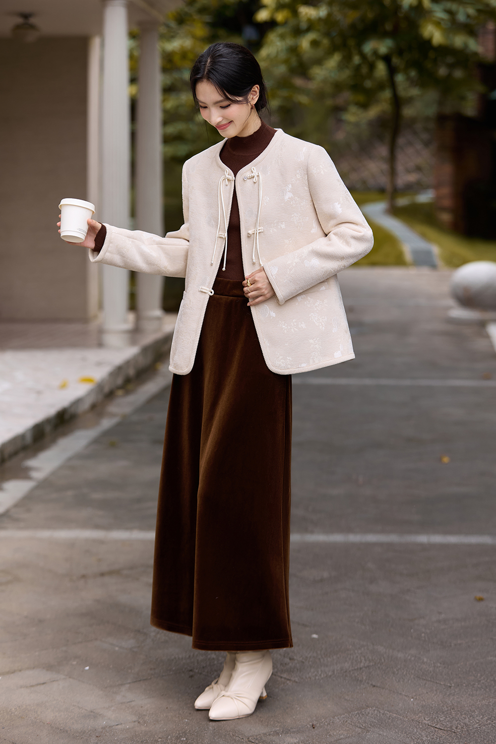 Brown French-Style Knitted Velvet Midi Skirt