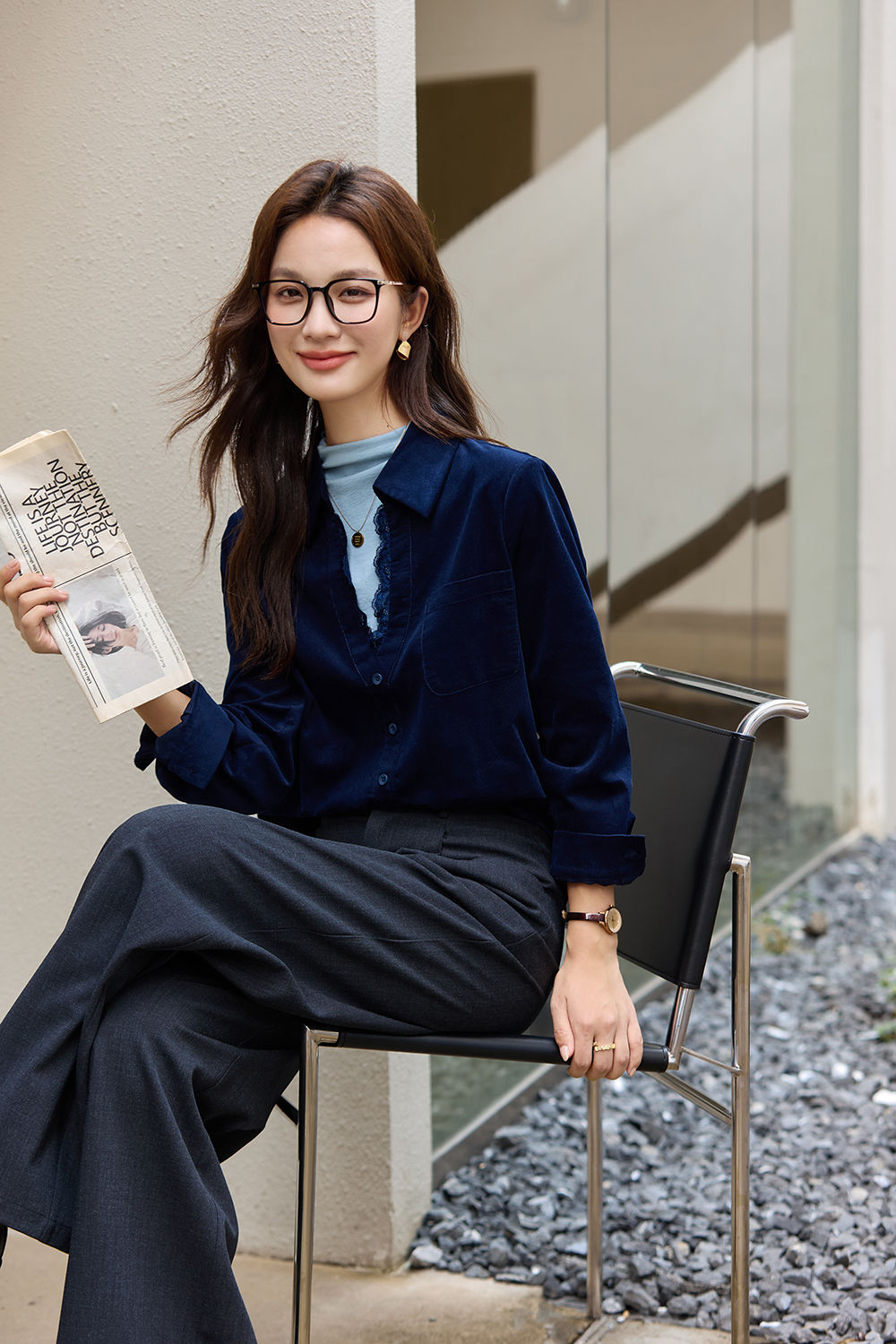 Red-Black French-Style Layered-Look Long-Sleeve Shirt