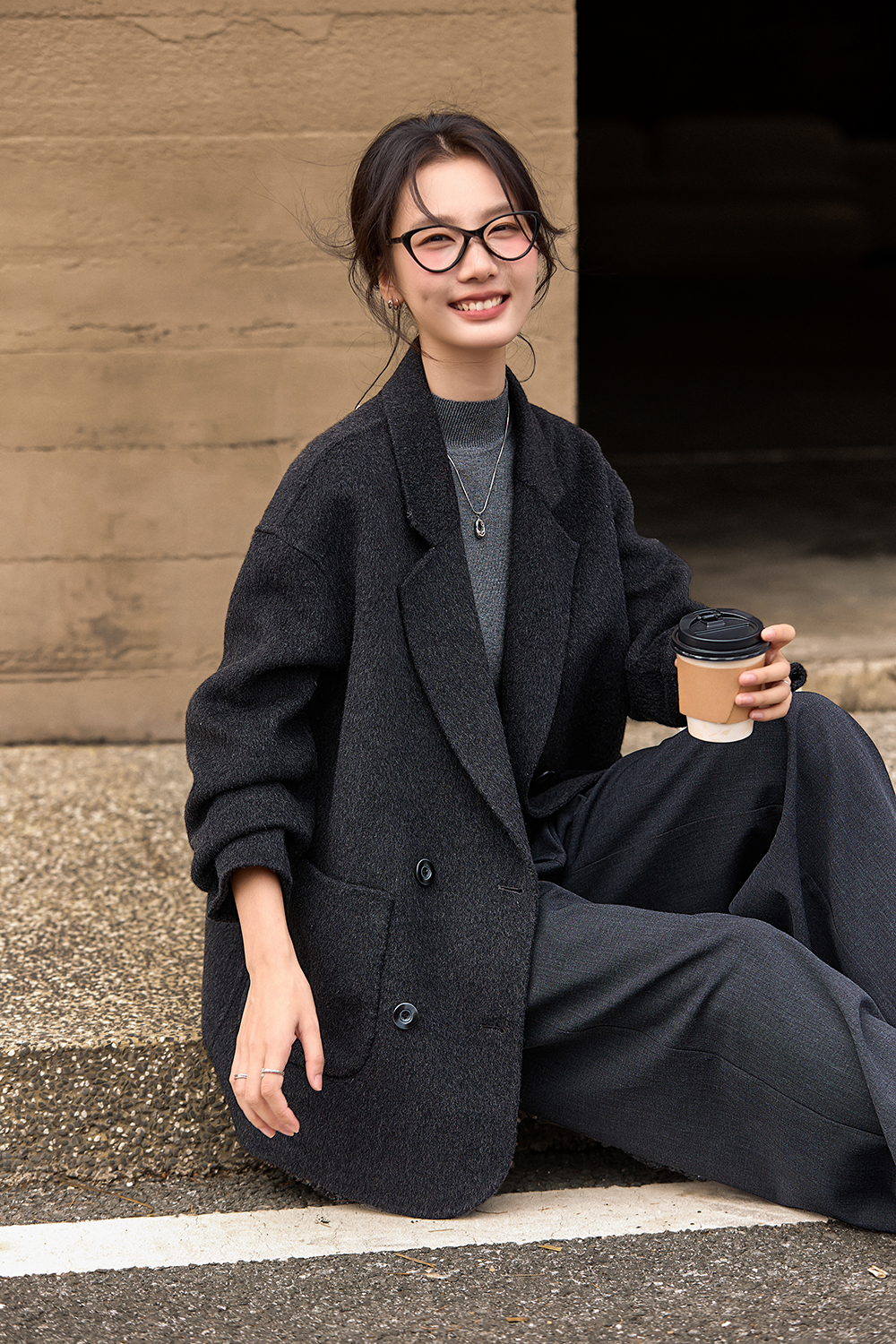 Grey plaid woolen suit jacket