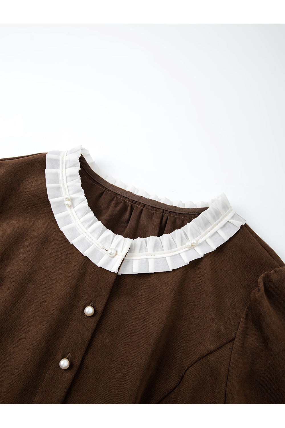 Brown French lace - trimmed crew - neck dress