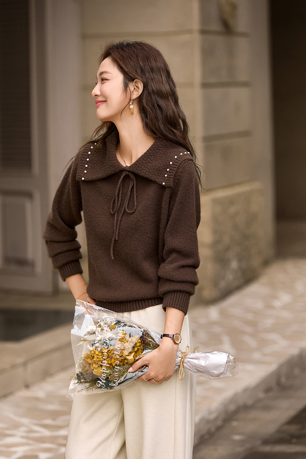 Beaded Large Lapel Sweater