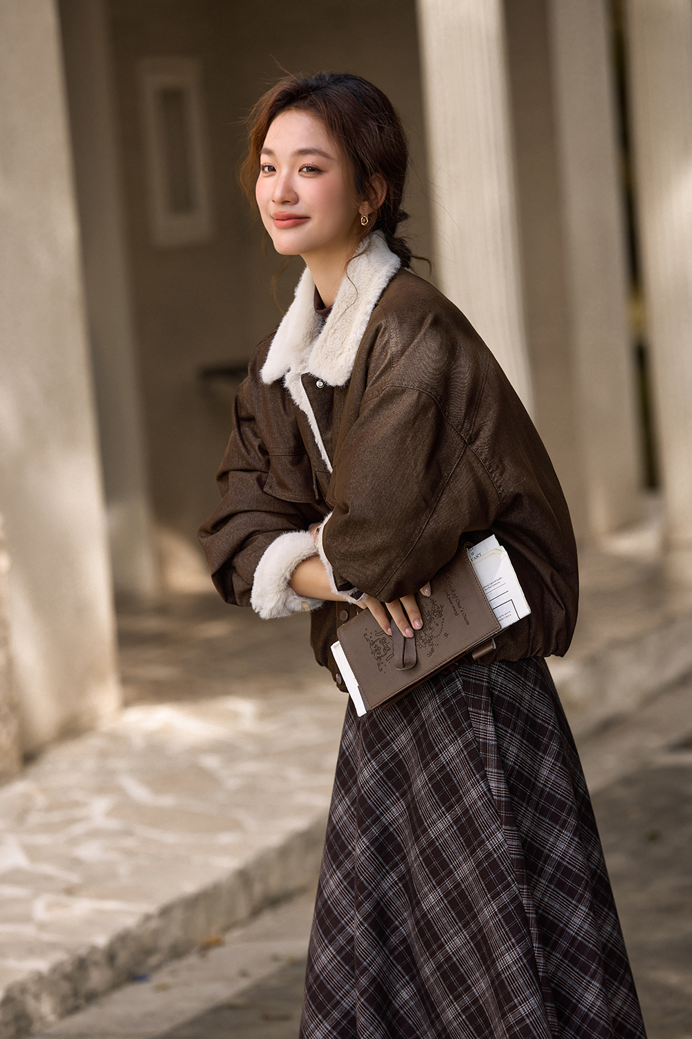 Lapel Brown Fleece-lined Denim Jacket