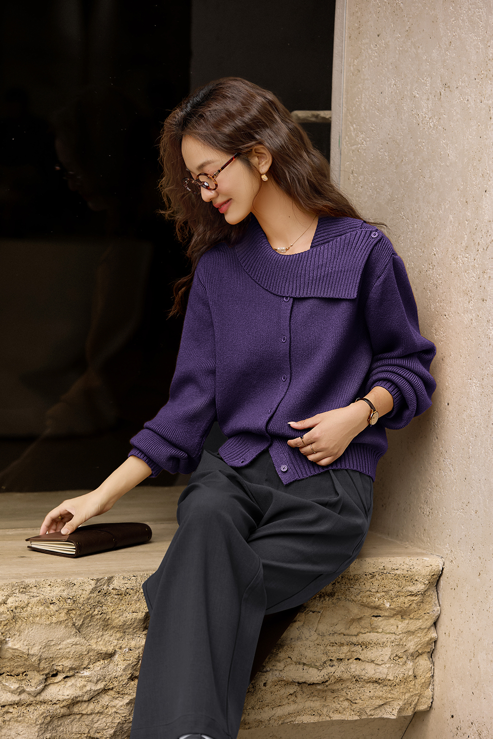 Designer asymmetric lapel knitted sweater