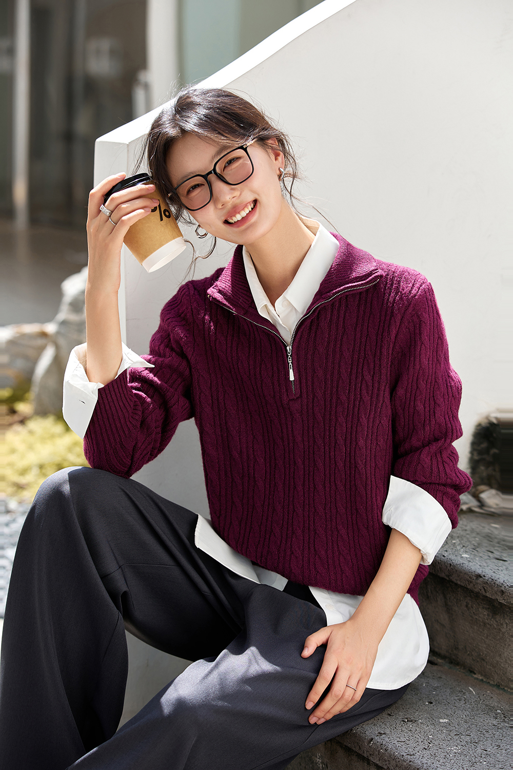 Lapel long sleeve knitted sweater-VIMLYSTORE