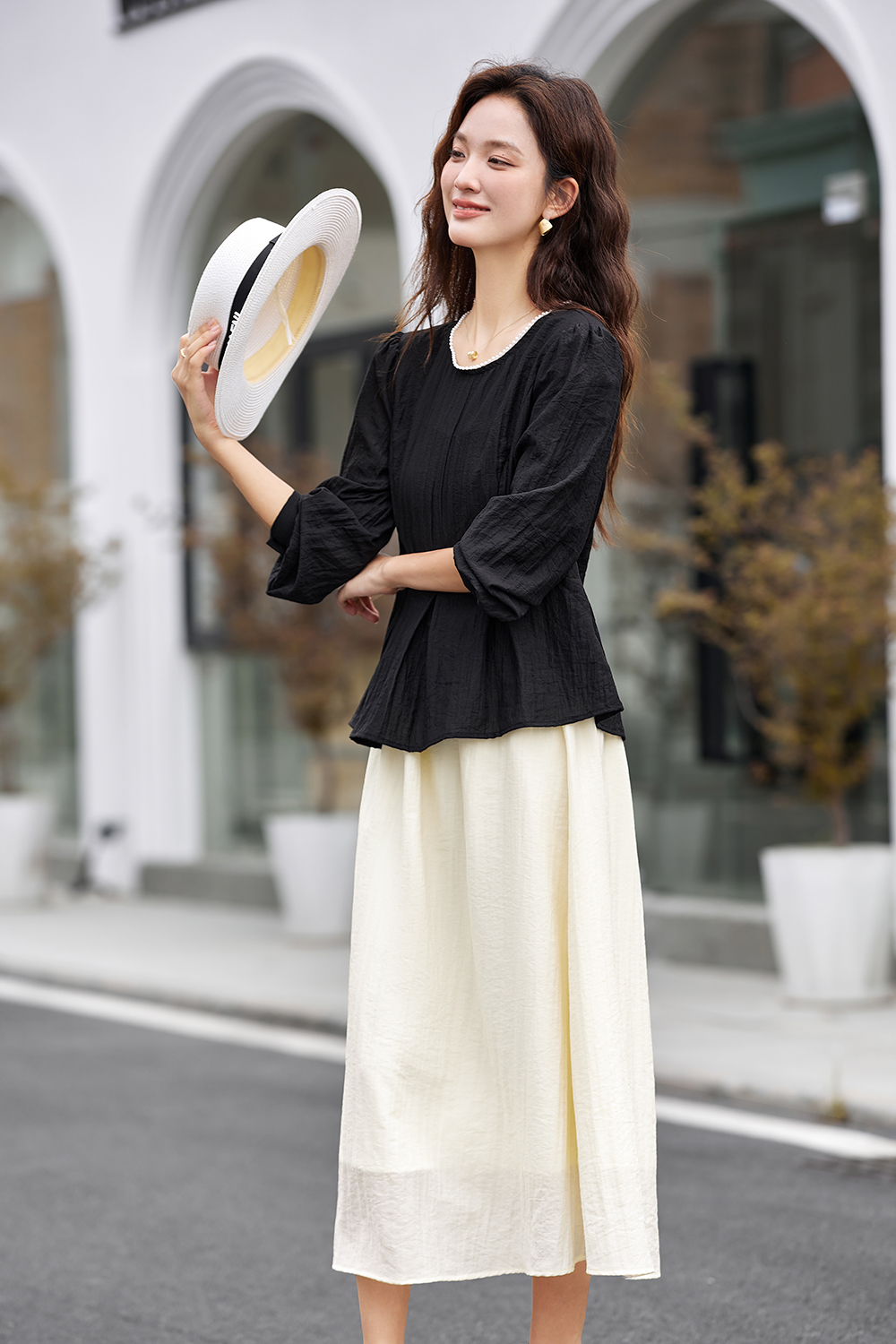 Elegant Crewneck Top & Waist-Defining Skirt Set-VIMLYSTORE
