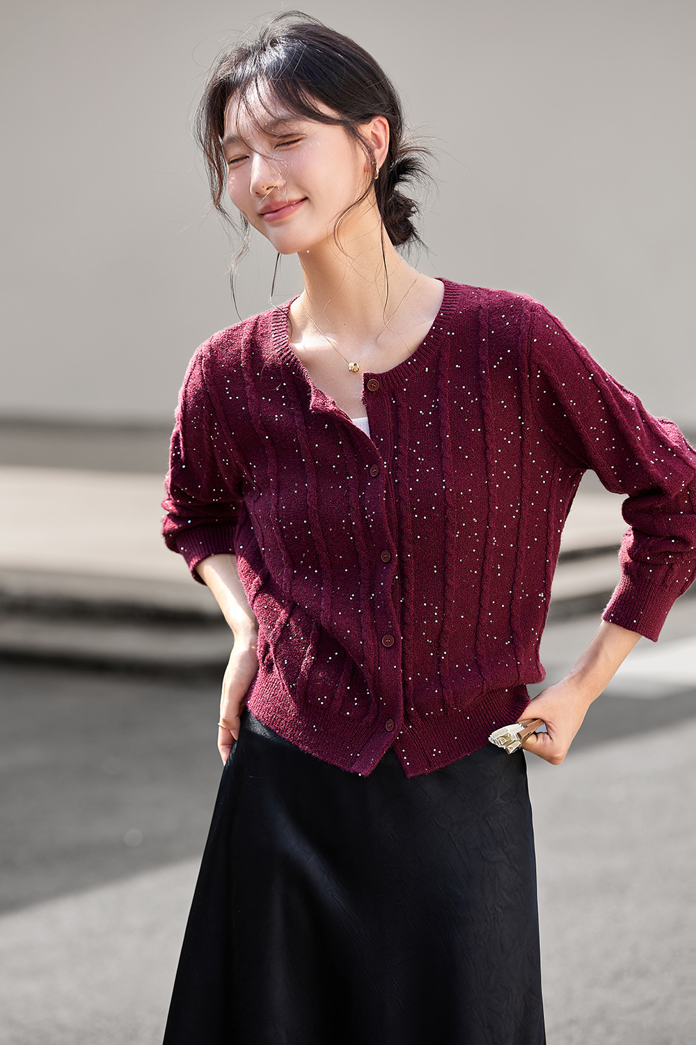 Sequin-Embellished Cable-Knit Cardigan-VIMLYSTORE