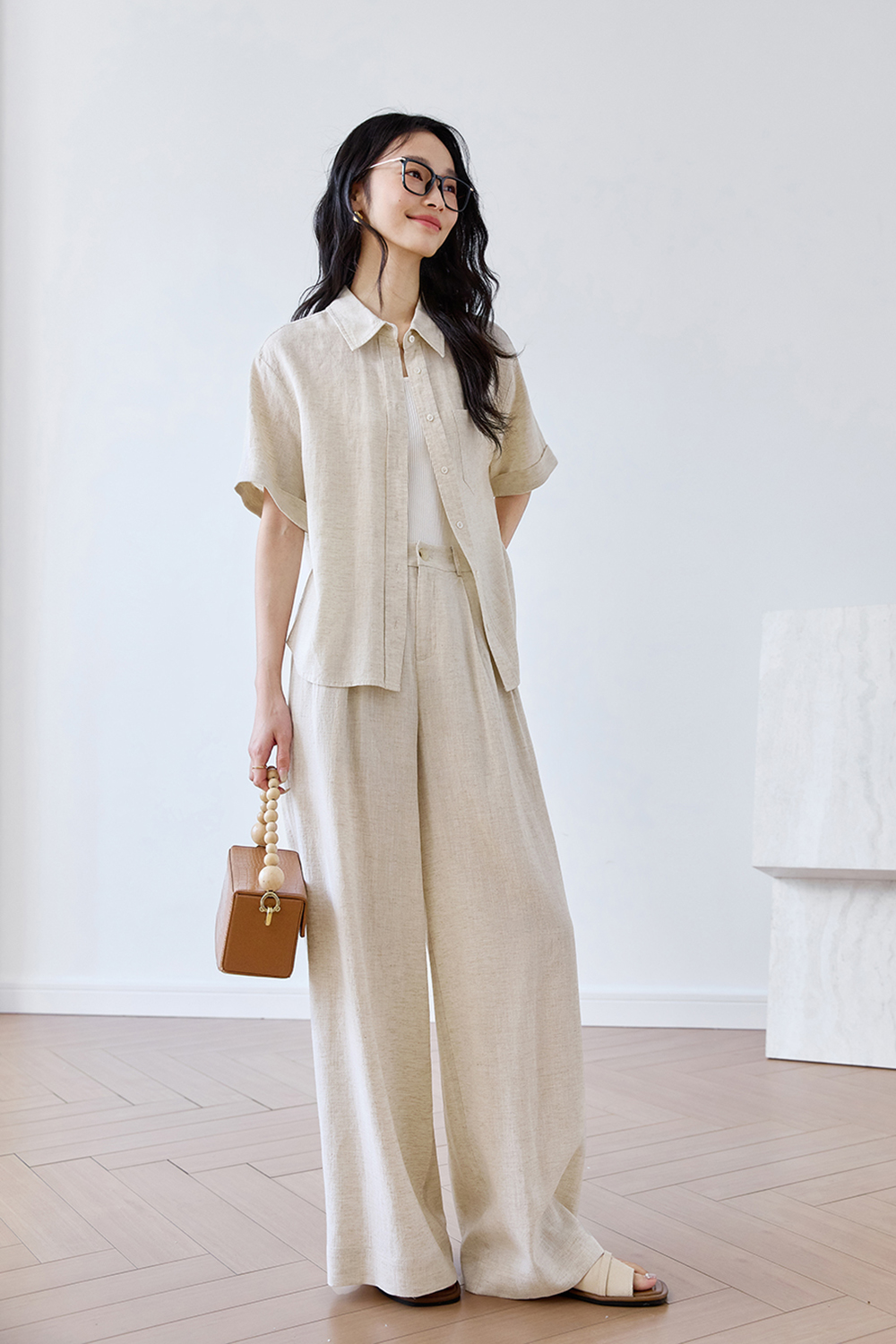 Trendy Relaxed Short-Sleeve Top with High-Waist Wide-Leg Pants Set