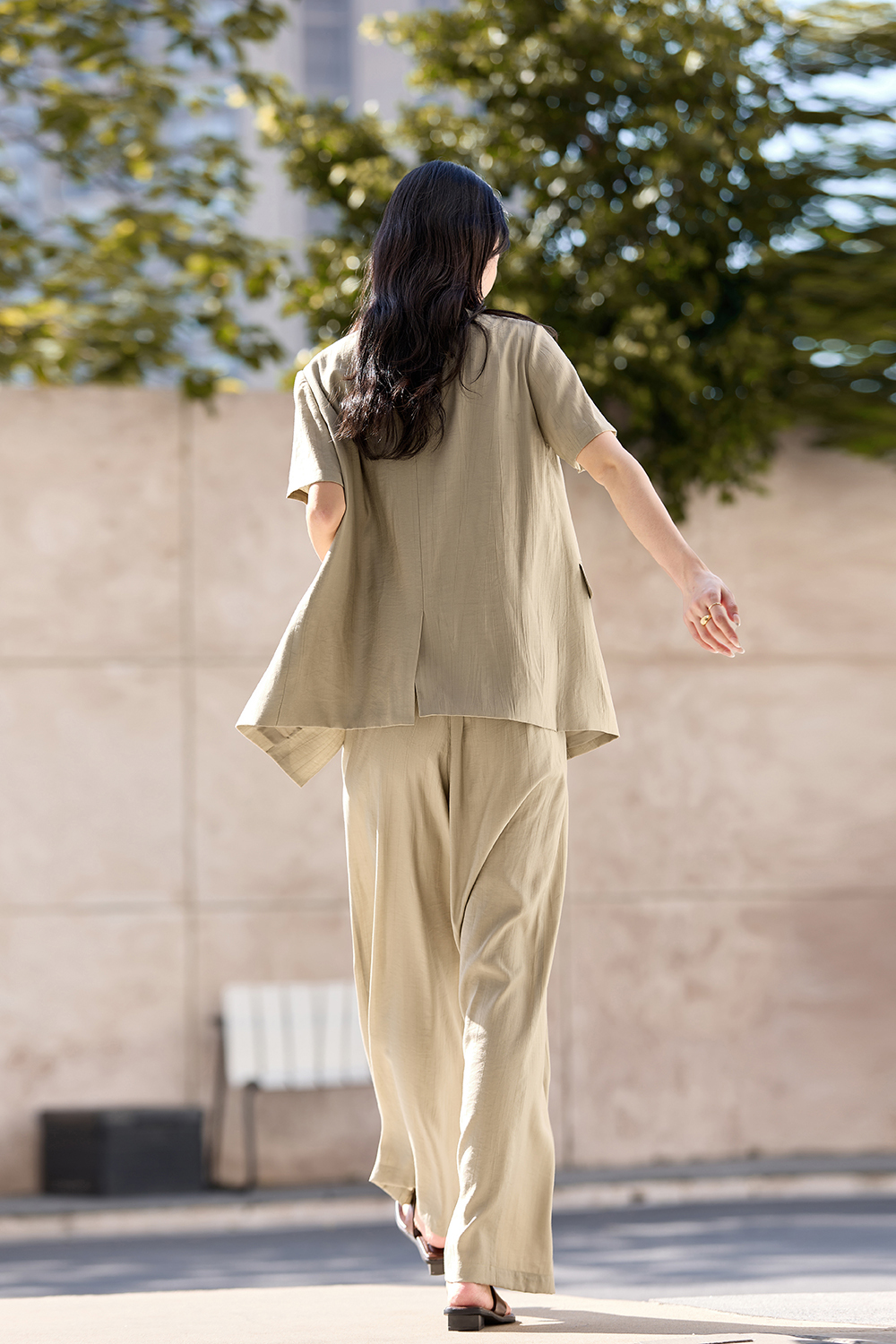 Casual-Commute V-Neck Blazer with High-Waist Wide-Leg Pants Set