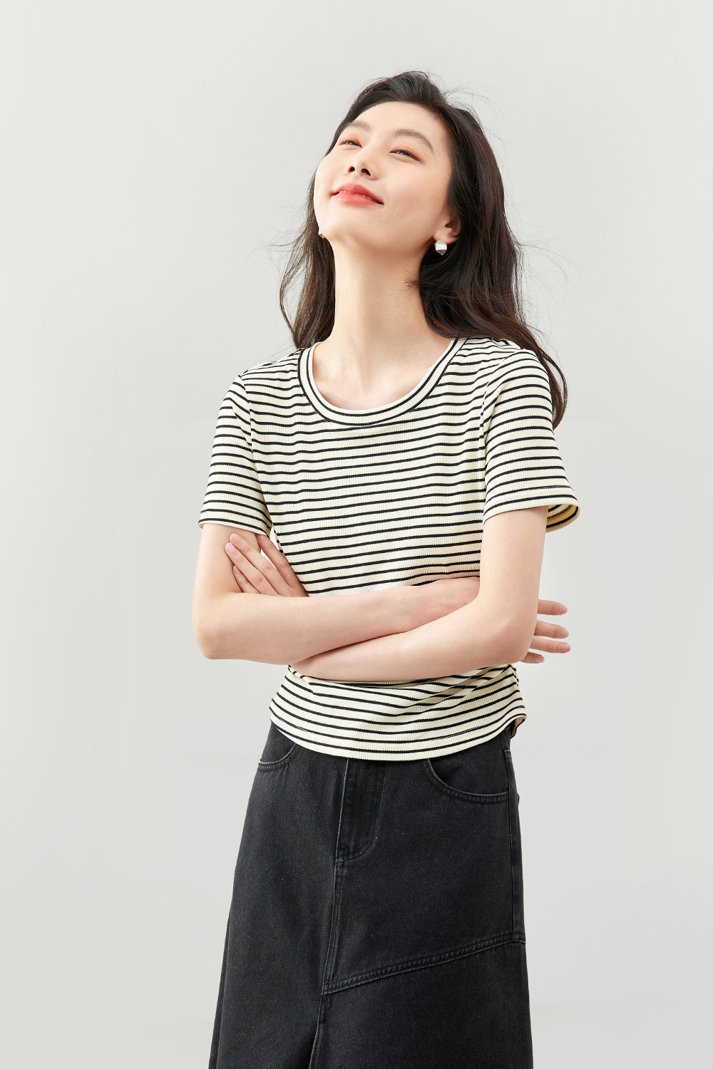 Contrast Striped Gathered T-Shirt