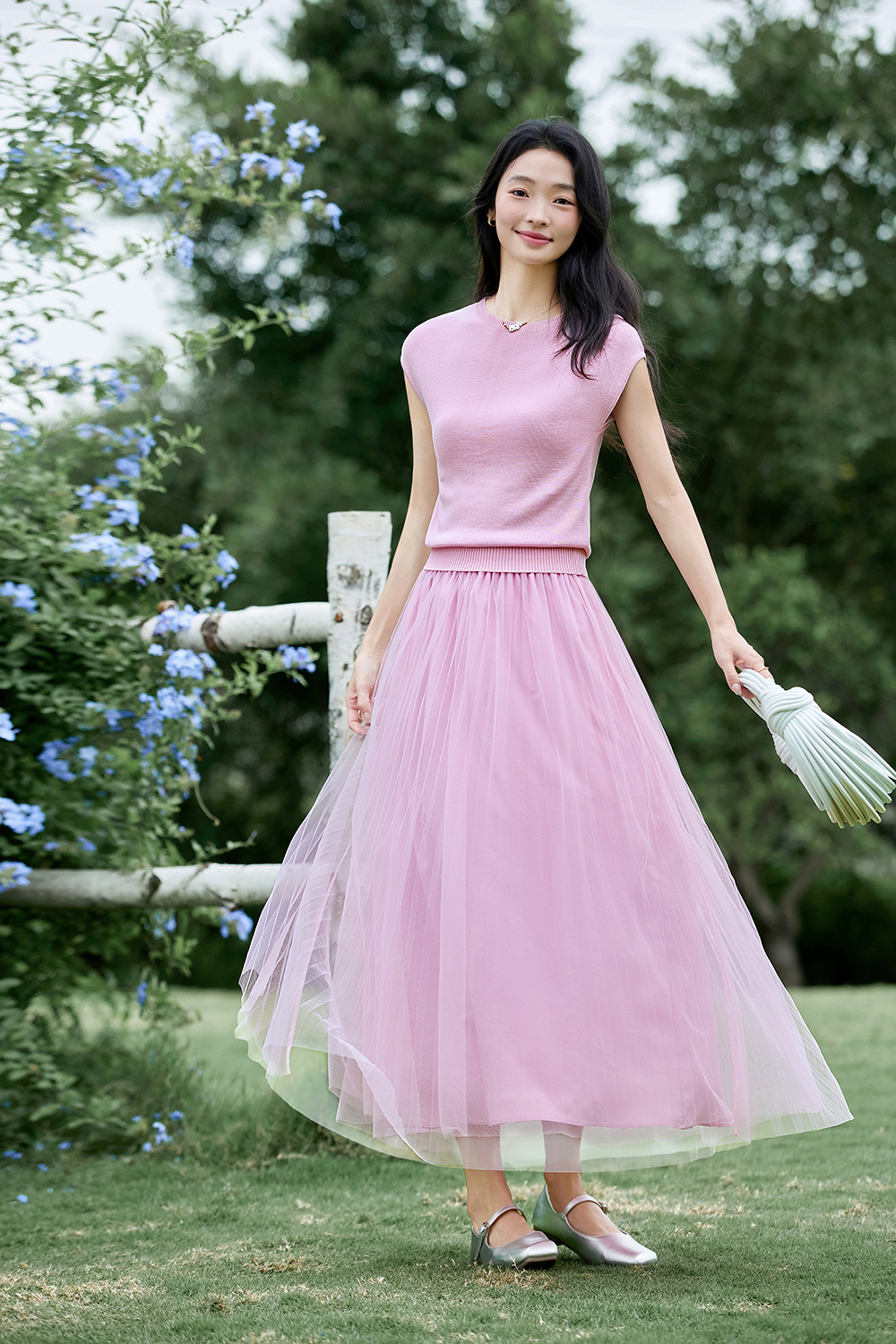 French-Inspired Lyocell Knit Top with Sheer Mesh Skirt Set-VIMLYSTORE