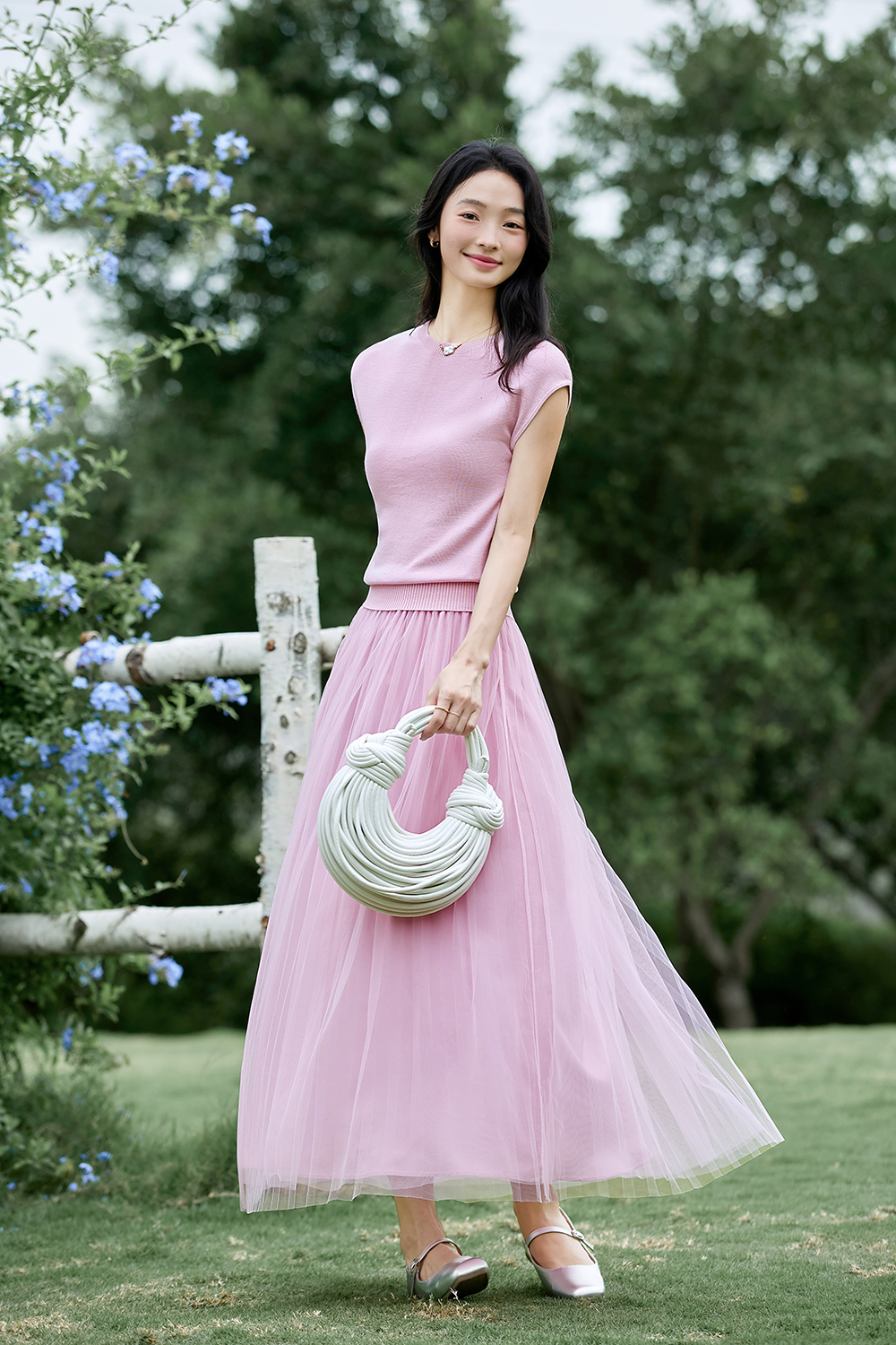 French-Inspired Lyocell Knit Top with Sheer Mesh Skirt Set-VIMLYSTORE